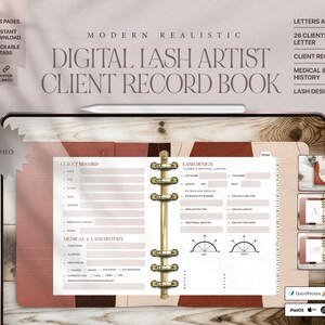 May include: A digital planner for lash artists with a boho theme. The planner includes sections for client records, medical and lash history, and lash design. The planner is available in a digital format and can be used on devices such as iPads and Android tablets.