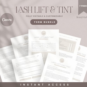 Puede incluir: Un conjunto de siete formularios imprimibles para servicios de lifting y tinte de pestañas. Los formularios son totalmente editables y personalizables. Los formularios están diseñados en un estilo minimalista con una paleta de colores neutros. El texto en los formularios incluye "Lifting y tinte de pestañas", "Información del cliente", "Servicios ofrecidos", "Formulario de consentimiento" y "Exención de responsabilidad".