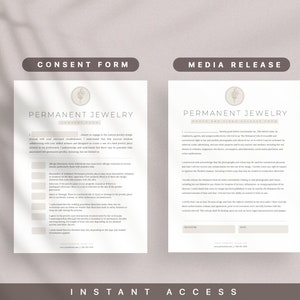 Może przedstawiać: Dwa formularze zgody na biżuterię permanentną, jeden na zgodę, a drugi na publikację w mediach. Oba formularze zawierają logo z kwiatowym wzorem i tekst "Permanent Jewelry".