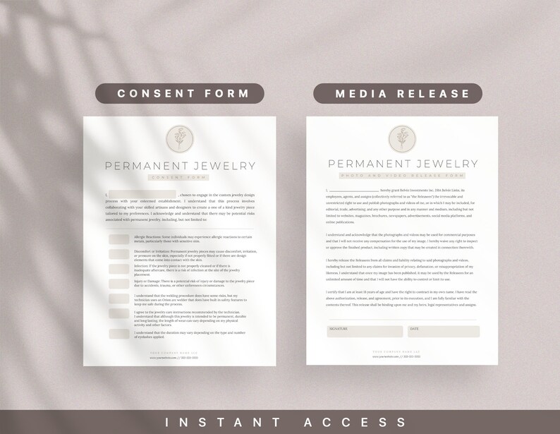 Może przedstawiać: Dwa formularze zgody na biżuterię permanentną, jeden na zgodę, a drugi na publikację w mediach. Oba formularze zawierają logo z kwiatowym wzorem i tekst "Permanent Jewelry".
