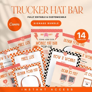 Trucker Hat Bar Signage Canva Template, Editable Hat Instruction, Printable Price List Scan to Pay Sign Hat Bar Branding Patch Pricing
