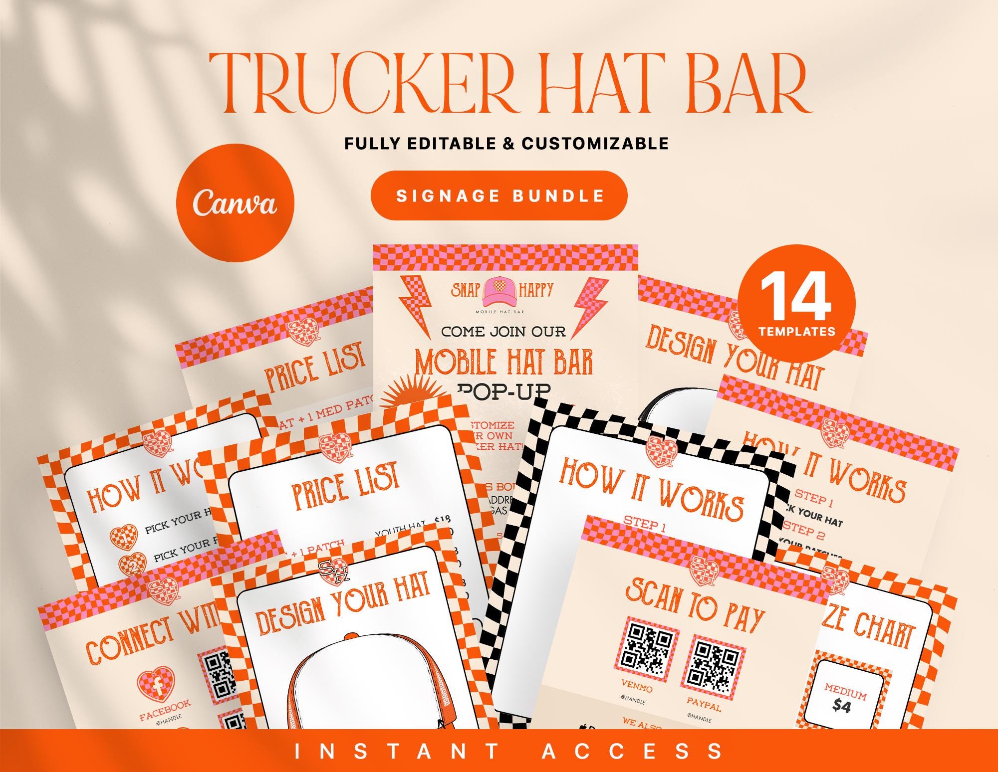 Trucker Hat Bar Signage Canva Template, Editable Hat Instruction, Printable Price List Scan to Pay Sign Hat Bar Branding Patch Pricing