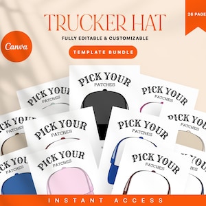 Pode incluir: Um conjunto de 26 modelos de bonés de caminhoneiro imprimíveis com patches de diferentes cores. O texto nos modelos diz "Escolha seus patches".