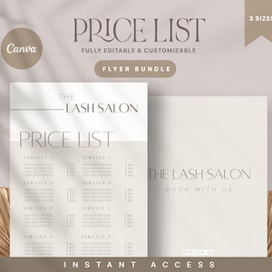 Op de afbeelding: Een printbare prijslijst sjabloon voor een wimpersalon. De sjabloon heeft een minimalistisch ontwerp met een beige achtergrond en zwarte tekst. De tekst bevat "The Lash Salon", "Price List" en "Book With Us".