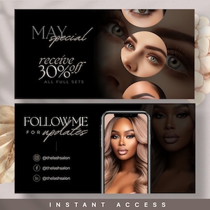 Puede incluir: Gr&aacute;fico en blanco y negro con texto que dice "May special receive 30% off all full sets". Debajo del texto hay un collage de im&aacute;genes de primer plano de ojos con pesta&ntilde;as largas. La mitad inferior del gr&aacute;fico es negra con texto blanco que dice "FOLLOW ME FOR updates" y nombres de usuario de redes sociales para Instagram, Facebook y TikTok. El texto "INSTANT ACCESS" est&aacute; en la parte inferior del gr&aacute;fico.