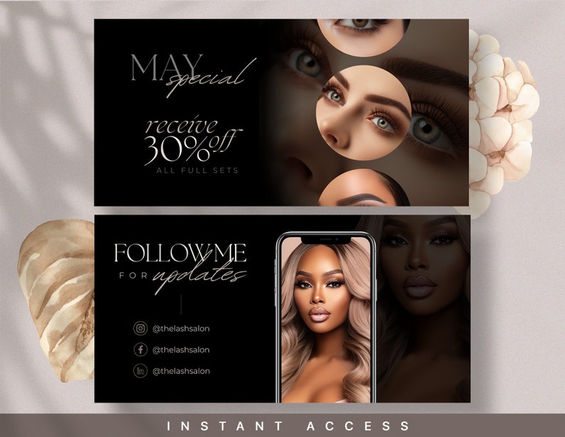 Puede incluir: Gr&aacute;fico en blanco y negro con texto que dice "May special receive 30% off all full sets". Debajo del texto hay un collage de im&aacute;genes de primer plano de ojos con pesta&ntilde;as largas. La mitad inferior del gr&aacute;fico es negra con texto blanco que dice "FOLLOW ME FOR updates" y nombres de usuario de redes sociales para Instagram, Facebook y TikTok. El texto "INSTANT ACCESS" est&aacute; en la parte inferior del gr&aacute;fico.