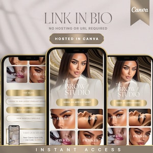 May include: Three smartphones showcasing a beauty studio's website. The main screen displays a woman in a white blazer. The interface offers options for booking appointments, viewing services, and monthly specials. Text includes "The Brow Studio" and "Instant Access."