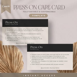 つけ爪用アプリケーションカード、Canva DIYネイルカード、編集可能なつけ爪用アプリケーションカード、印刷可能なプレスオンネイルガイド名刺