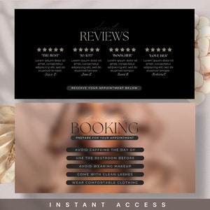 Puede incluir: Un gr&aacute;fico en blanco y negro con el texto "client reviews" en letras doradas. Se muestran cinco estrellas junto a cada rese&ntilde;a. El texto "BOOKING" est&aacute; en letras doradas con el texto "PREPARE FOR YOUR APPOINTMENT" en letras negras. Se muestra una lista de instrucciones para reservar una cita en letras negras sobre un fondo marr&oacute;n. El texto "INSTANT ACCESS" se muestra en letras negras.