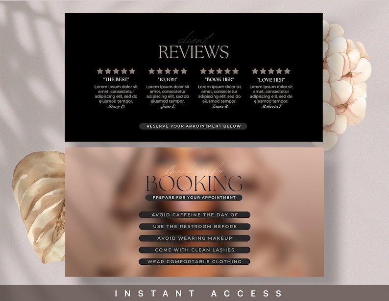 Puede incluir: Un gr&aacute;fico en blanco y negro con el texto "client reviews" en letras doradas. Se muestran cinco estrellas junto a cada rese&ntilde;a. El texto "BOOKING" est&aacute; en letras doradas con el texto "PREPARE FOR YOUR APPOINTMENT" en letras negras. Se muestra una lista de instrucciones para reservar una cita en letras negras sobre un fondo marr&oacute;n. El texto "INSTANT ACCESS" se muestra en letras negras.