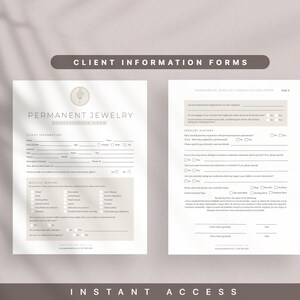 Może przedstawiać: Dwa beżowe formularze do konsultacji w sprawie biżuterii na stałe. Pierwszy formularz zawiera pytania dotyczące danych klienta, historii choroby i czy chce on skorzystać z konsultacji w sprawie usługi i opieki po sprzedaży. Drugi formularz zawiera pytania dotyczące historii biżuterii, alergii i stanu zdrowia. Formularze są zatytułowane "Formularz konsultacji w sprawie biżuterii na stałe".