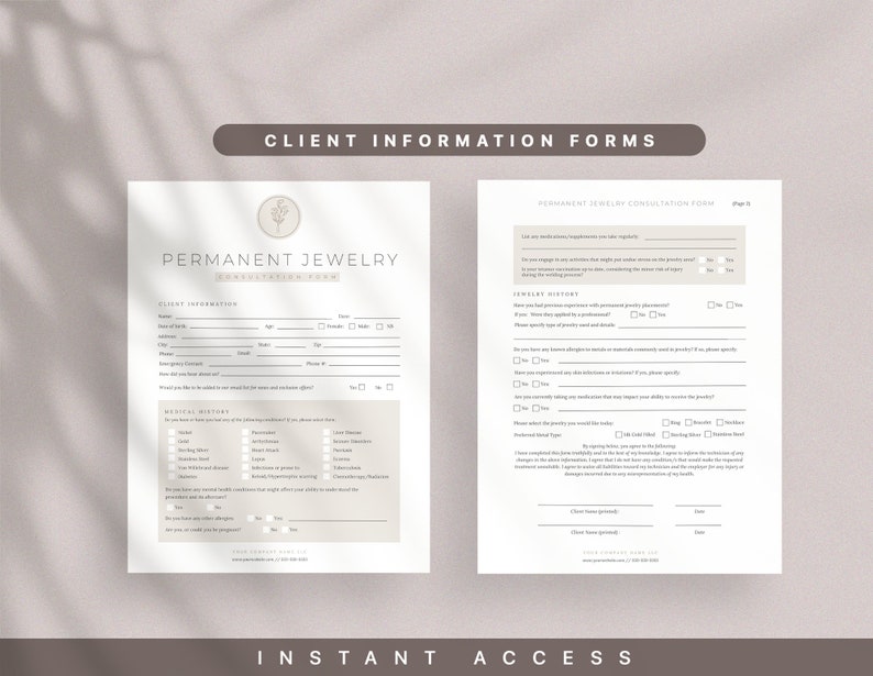 Może przedstawiać: Dwa beżowe formularze do konsultacji w sprawie biżuterii na stałe. Pierwszy formularz zawiera pytania dotyczące danych klienta, historii choroby i czy chce on skorzystać z konsultacji w sprawie usługi i opieki po sprzedaży. Drugi formularz zawiera pytania dotyczące historii biżuterii, alergii i stanu zdrowia. Formularze są zatytułowane "Formularz konsultacji w sprawie biżuterii na stałe".