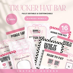 Trucker Hat Bar Signage Canva Template, Editable Hat Instruction, Printable Price List Scan to Pay Sign Hat Bar Branding Patch Pricing