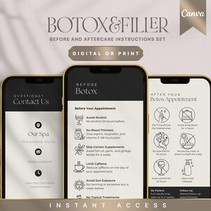May include: A digital printable guide for Botox and filler treatments. The guide includes instructions for before and after your appointment, including avoiding alcohol, blood thinners, and certain supplements. It also includes instructions for aftercare, such as avoiding sun exposure and exercise.