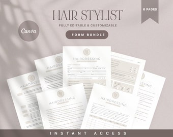 May include: A set of six printable forms for hairdressers, with the text "Hairdressing Salon Forms" and "Instant Access" on the front page. The forms are fully editable and customizable.