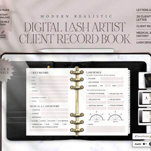 Può includere: Un libro di registrazione clienti digitale per artisti di ciglia, con una copertina nera e marmo. Il libro include sezioni per informazioni sul cliente, storia medica e delle ciglia e design delle ciglia. Il libro è compatibile con GoodNotes, Notability, iPadOS e Android.