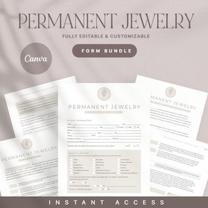 Może przedstawiać: Zestaw pięciu drukowanych formularzy dla firm zajmujących się biżuterią na stałe. Formularze obejmują formularz informacji o kliencie, formularz historii medycznej i formularz zgody. Formularze są w pełni edytowalne i konfigurowalne.