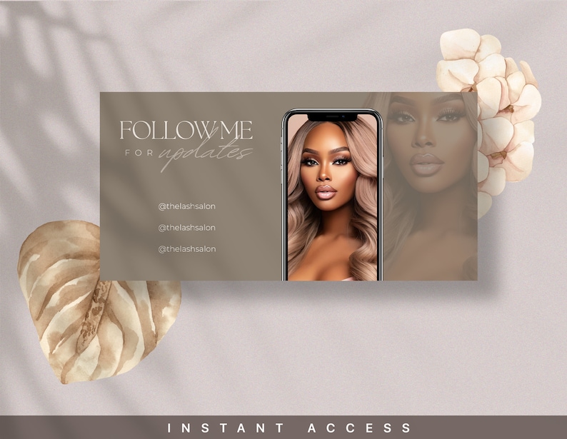Puede incluir: Un gr&aacute;fico de redes sociales con un fondo marr&oacute;n y el texto "FOLLOW ME FOR updates" con el nombre de usuario de las redes sociales "@thelashsalon" repetido tres veces. El gr&aacute;fico presenta a una mujer con el pelo largo y casta&ntilde;o y maquillaje, mirando a la c&aacute;mara. La imagen est&aacute; enmarcada por una pantalla de tel&eacute;fono blanca.
