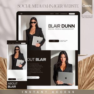 May include: A website template design for a social media manager, featuring a woman in a black blazer holding a laptop. The design includes the text "Blair Dunn Social Media Management" and "About Blair". The Canva logo is visible.