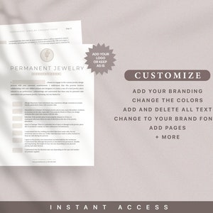 Może przedstawiać: Dostosowywany formularz zgody na biżuterię permanentną, z logo i tekstem "Formularz zgody na biżuterię permanentną". Formularz zawiera listę kontrolną informacji i um&oacute;w, kt&oacute;re klienci powinni przejrzeć przed otrzymaniem biżuterii permanentnej.