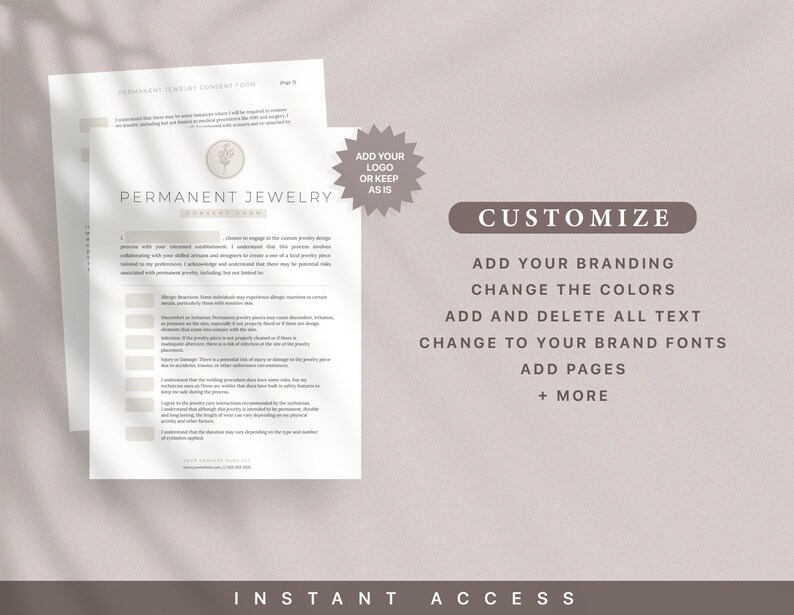 Może przedstawiać: Dostosowywany formularz zgody na biżuterię permanentną, z logo i tekstem "Formularz zgody na biżuterię permanentną". Formularz zawiera listę kontrolną informacji i um&oacute;w, kt&oacute;re klienci powinni przejrzeć przed otrzymaniem biżuterii permanentnej.