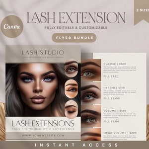 Puede incluir: Un folleto para un estudio de pestañas que ofrece extensiones de pestañas, rubor para los labios y cejas. El folleto presenta a una mujer con pestañas largas y oscuras y el texto "Lash Studio" y "Lash Extensions: Face the World with Confidence".