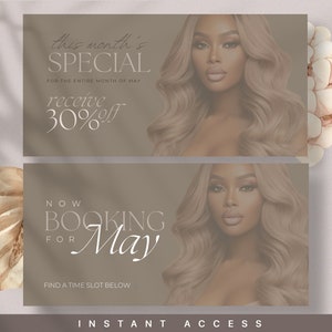 Puede incluir: Una imagen promocional para un servicio de belleza que ofrece un descuento del 30% durante todo el mes de mayo. La imagen presenta a una mujer con cabello largo y ondulado rubio y el texto "this month's SPECIAL receive 30% off FOR THE ENTIRE MONTH OF MAY NOW BOOKING FOR May FIND A TIME SLOT BELOW INSTANT ACCESS".