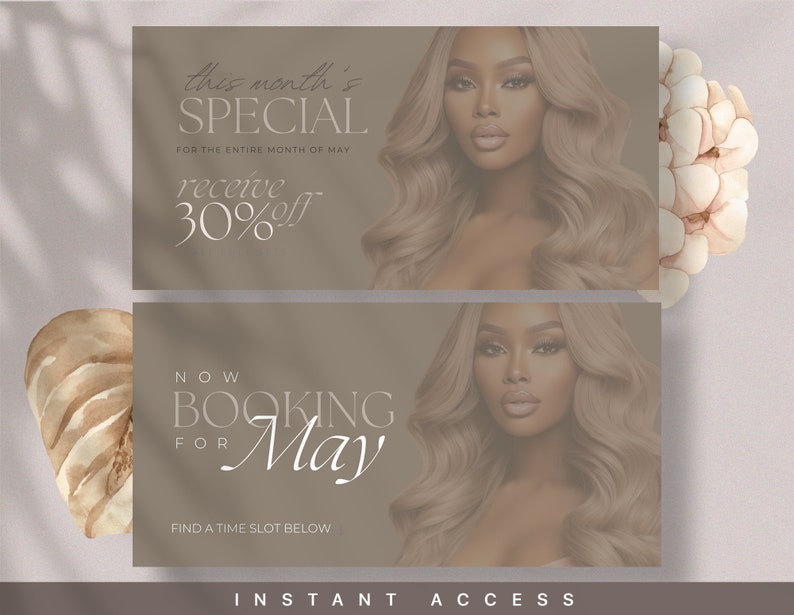 Puede incluir: Una imagen promocional para un servicio de belleza que ofrece un descuento del 30% durante todo el mes de mayo. La imagen presenta a una mujer con cabello largo y ondulado rubio y el texto "this month's SPECIAL receive 30% off FOR THE ENTIRE MONTH OF MAY NOW BOOKING FOR May FIND A TIME SLOT BELOW INSTANT ACCESS".
