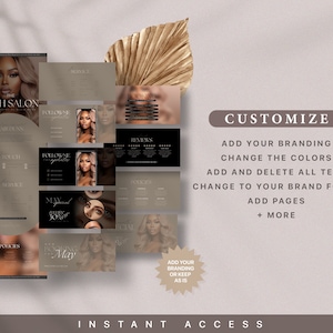 Puede incluir: Una plantilla personalizable para un sal&oacute;n de pesta&ntilde;as. La plantilla presenta una combinaci&oacute;n de colores marr&oacute;n y beige con im&aacute;genes de modelos con pesta&ntilde;as. El texto en la plantilla incluye "The Lash Salon", "Follow Me", "Booking", "Reviews", "Services", "Touch Ups", "May", "Instant Access" y "Customize".