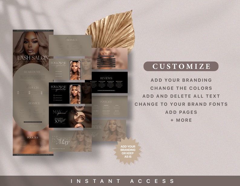 Puede incluir: Una plantilla personalizable para un sal&oacute;n de pesta&ntilde;as. La plantilla presenta una combinaci&oacute;n de colores marr&oacute;n y beige con im&aacute;genes de modelos con pesta&ntilde;as. El texto en la plantilla incluye "The Lash Salon", "Follow Me", "Booking", "Reviews", "Services", "Touch Ups", "May", "Instant Access" y "Customize".