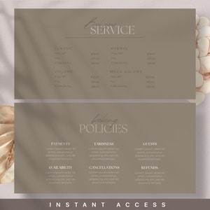 Puede incluir: Un gr&aacute;fico beige y marr&oacute;n con el texto "Booking Service" y "Booking Policies". El gr&aacute;fico enumera diferentes servicios y precios para cada servicio. Los servicios incluyen Classic, Hybrid, Volume y Mega Volume. El gr&aacute;fico tambi&eacute;n enumera las pol&iacute;ticas de pago, retraso, disponibilidad, cancelaciones, invitados y reembolsos.