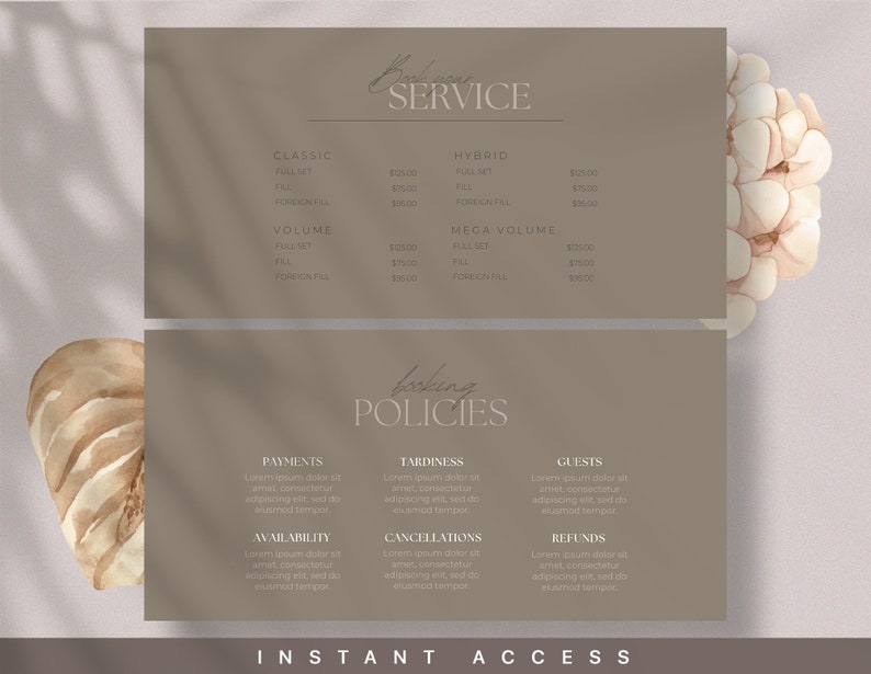 Puede incluir: Un gr&aacute;fico beige y marr&oacute;n con el texto "Booking Service" y "Booking Policies". El gr&aacute;fico enumera diferentes servicios y precios para cada servicio. Los servicios incluyen Classic, Hybrid, Volume y Mega Volume. El gr&aacute;fico tambi&eacute;n enumera las pol&iacute;ticas de pago, retraso, disponibilidad, cancelaciones, invitados y reembolsos.