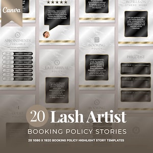 May include: A collection of 20 Lash Artist Booking Policy Stories templates. The templates are designed for Instagram highlight stories. Each template features a white and gold design with text such as "Appointments Available" and "Price List".