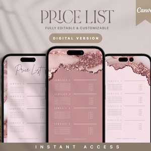 May include: A digital price list template with a pink and gold marble background. The template is designed for a phone screen and includes sections for service descriptions and prices.