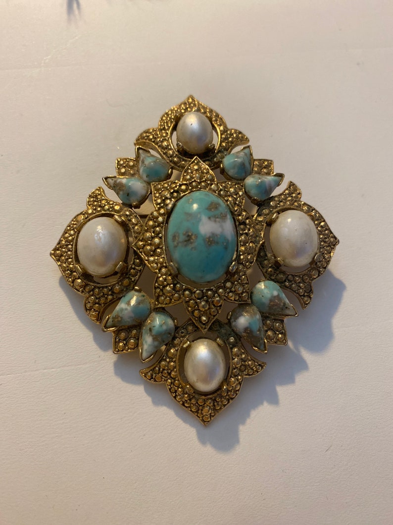 Sarah Cov Remembrance Vintage Brooch Pin Pearl Blue Rhinestone | Etsy