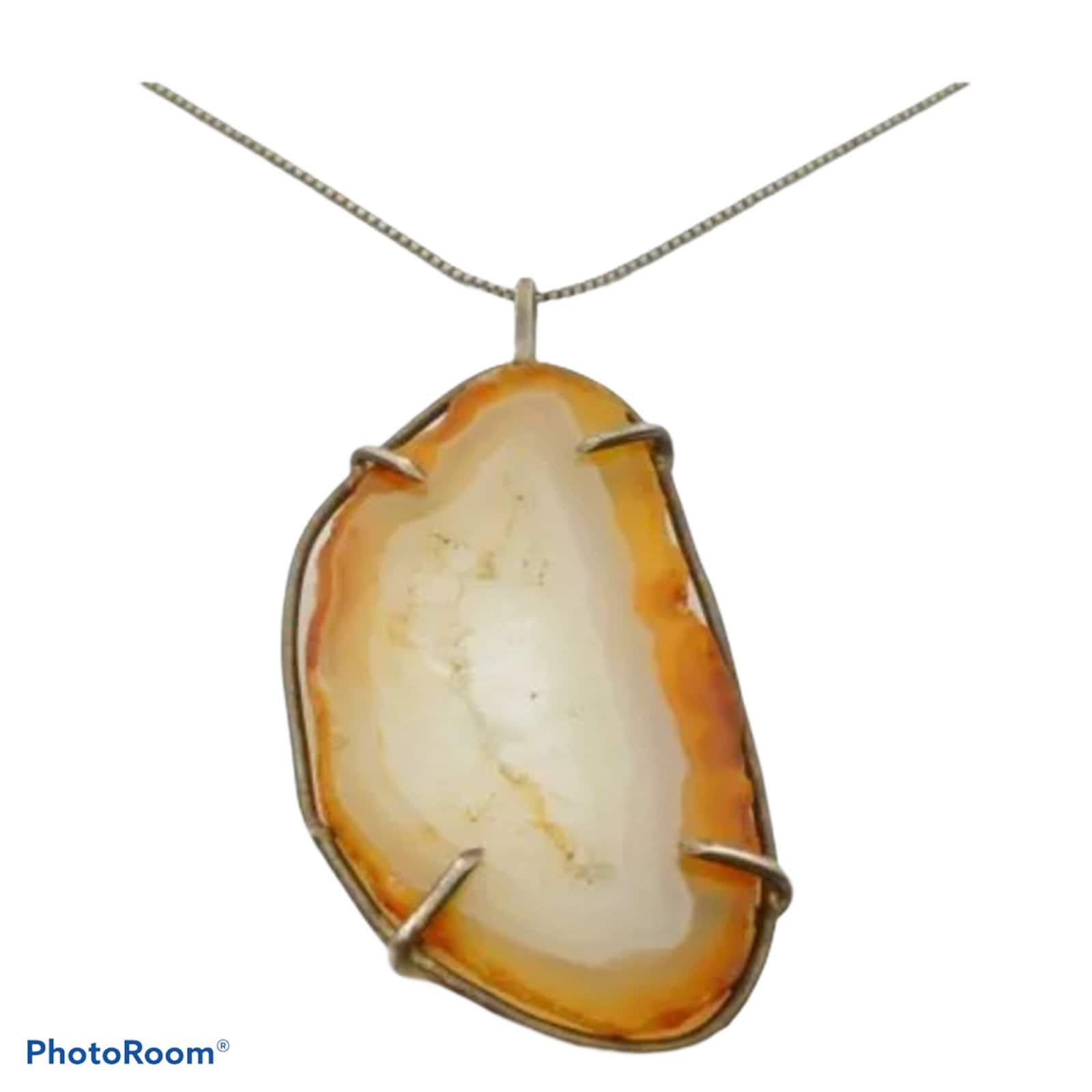 925 Sterling Silver Orange White Agate Quartz Geode Slice Pendant Chain Necklace