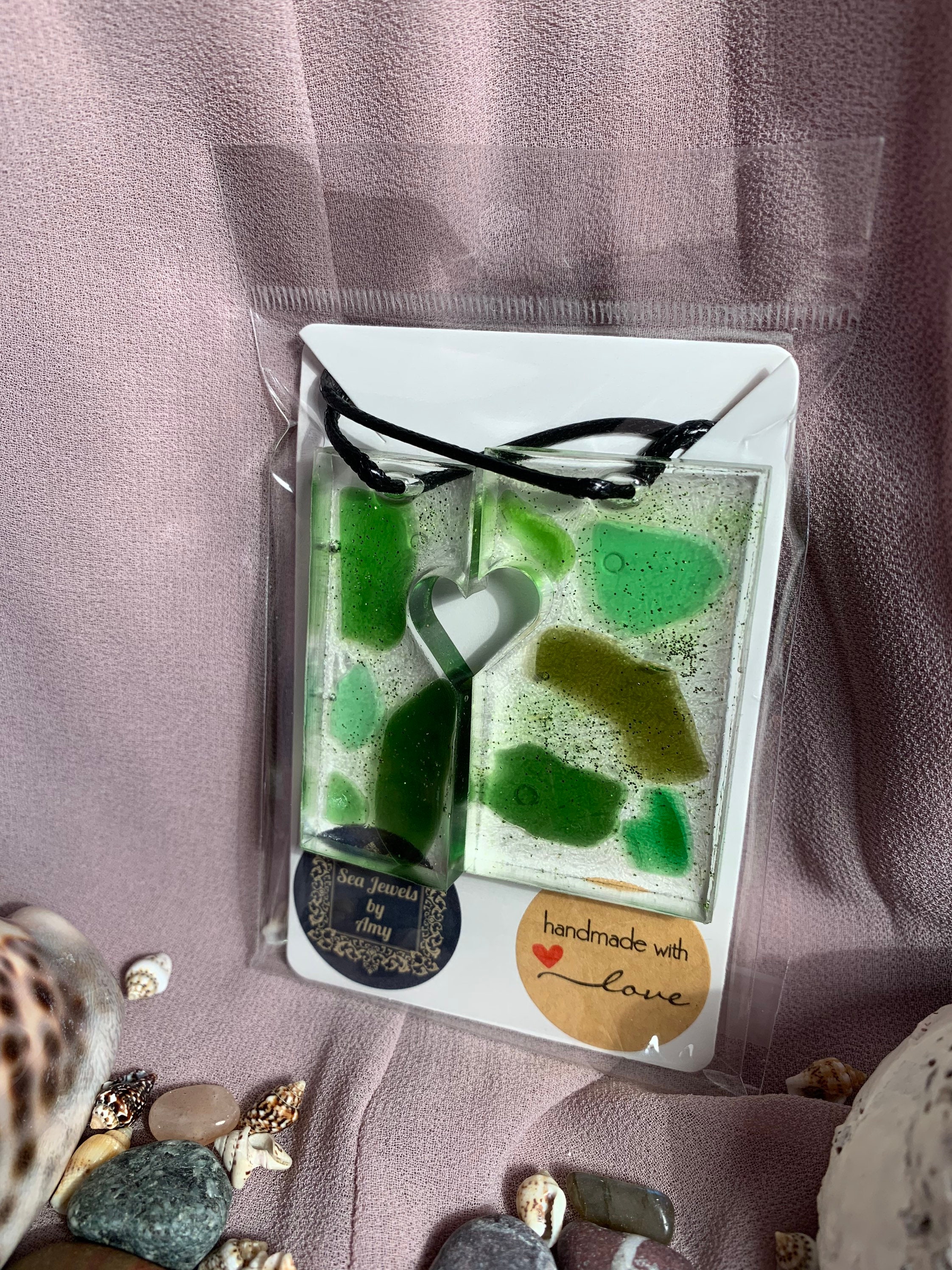Genuine sea glass set in epoxy resin. Two necklaces with half Etsy