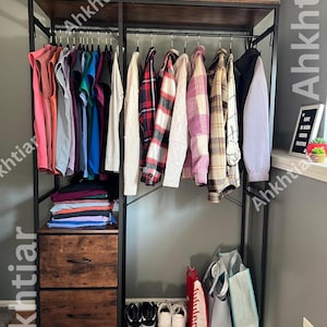 Perchero de madera y metal con 2 cajones / Perchero para colgar ropa / Organizador de armario independiente / Perchero para ropa / Perchero para ropa
