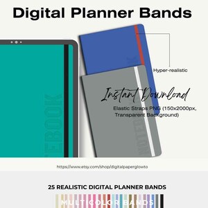 Puede incluir: Bandas de planificador digital azules y grises con correas elásticas. La imagen incluye el texto "Descarga instantánea" y "Elastic Straps PNG". El producto se describe como hiperrealista e incluye el texto "EBOOK".