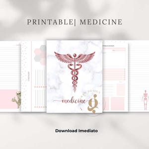 Pode incluir: Páginas de planejador imprimíveis com tema de medicina em rosa e branco. A página central apresenta um símbolo de Caduceu em ouro rosa sobre um fundo de mármore. O texto inclui "PRINTABLE | MEDICINE" e "medicine".