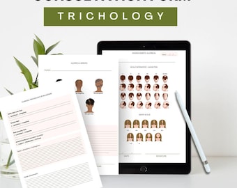 Trichologie-Beratungsformulare. 7 PDF-Bögen, Vorlagen für Haar- und Kopfhautgesundheit, druckbar. Digitale Verwendung