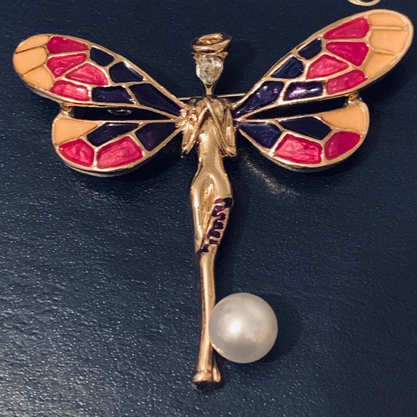 Gorgeous Gold Fairy With a Clear Crystal Face Brooch/ Pin with Multi Coloured Patchwork Wings, Adorned with a Single Pearl.