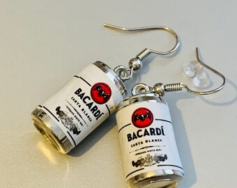 Funky White Rum Mix Alcohol Drink Can Style Earrings with 925 Sterling Silver earring hooks.