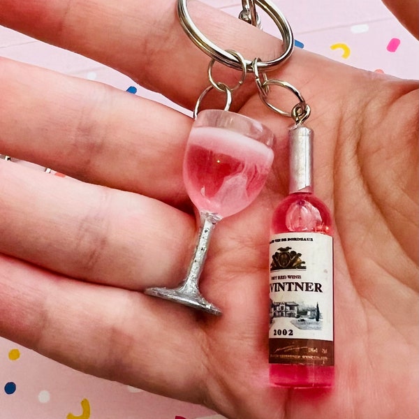 Resin Wine Bottle and Glitter Stemmed Wine Glass Keychain/Key Ring