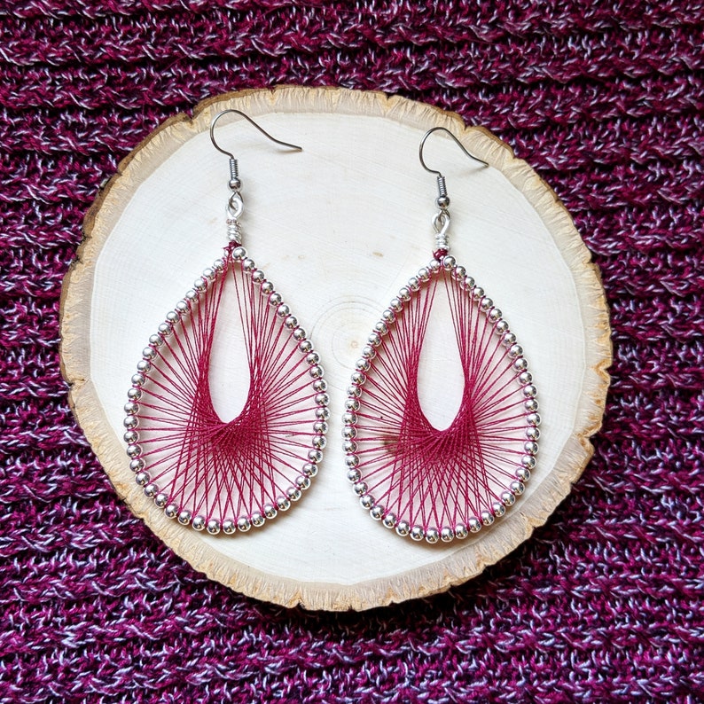Silver Beaded Teardrop Thread Woven Earrings