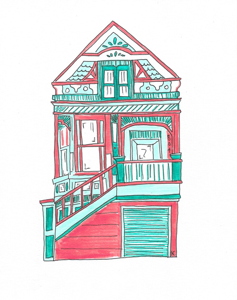 Digital Art Download Coral and Mint House Watercolor Print