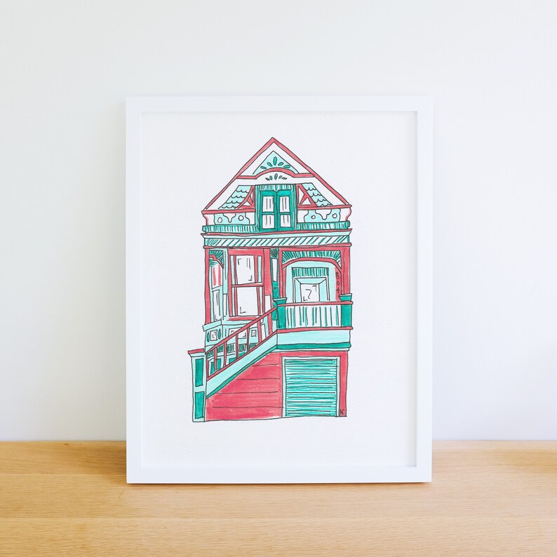 Digital Art Download Coral and Mint House Watercolor Print