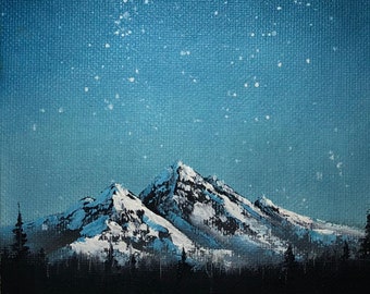 Snowy, Starry Mountain, 5x7 Mini Original Oil Painting, Bob Ross Style