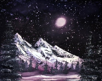 Moonlit Mountain, Original Oil Painting, Bob Ross Style, 8x10, Stretched Canvas