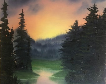 Sunset Creek, Original Oil Painting, Canvas Board, 16x20, Bob Ross Style